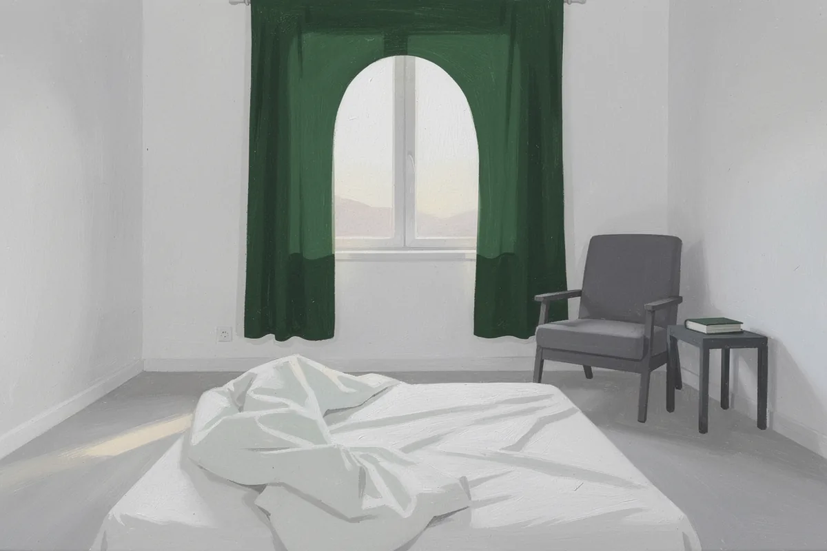 Daylight through green curtains beside an unmade bed and reading chair