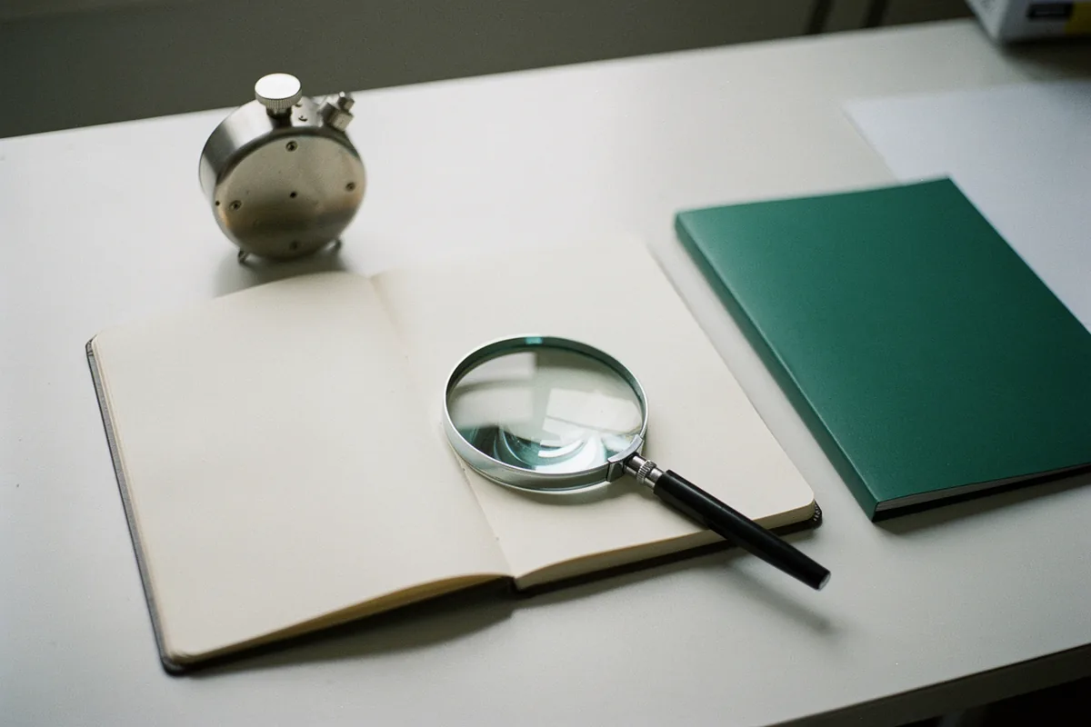An open laboratory notebook beside a magnifying glass and green folder