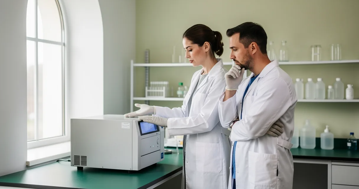 Two laboratory technicians examining an instrument beside an arched window