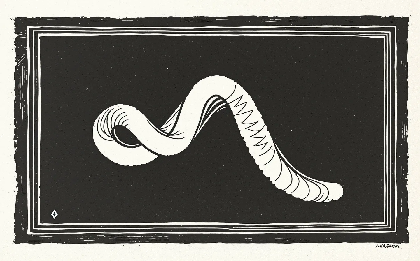 A woodcut relief block-print of an abstract folded peptide coil carved in bone-white line on a deep charcoal-ink ground, framed by a cordel double-rule border